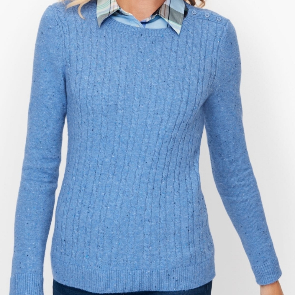 Talbots Women's Blue Cable Knit Shoulder Button Pullover Sweater Cotton Blend L